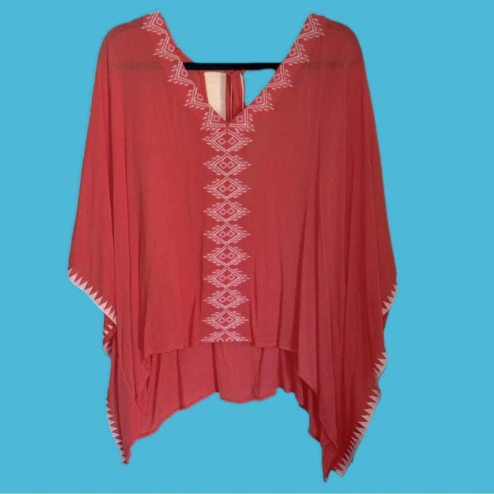 FOREVER 21 CORAL‎ WHITE TRIM V-NECK LONG SLEEVE KIMONO TOP SIZE 1X